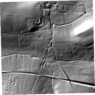 Shaded relief map of the ground around EX176DB, computed from Environment Agency LiDAR. The ground here sits at about 125 m above sea level and falls 32 m across the surrounding 800 m. Surface water reaching this point runs off ground lying to the east-north-east, 15.0 m higher.