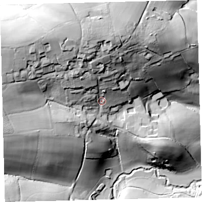 Shaded relief map of the ground around EX176DF, computed from Environment Agency LiDAR. The ground here sits at about 123 m above sea level and falls 68 m across the surrounding 800 m. Surface water reaching this point runs off ground lying to the north, 37.9 m higher.