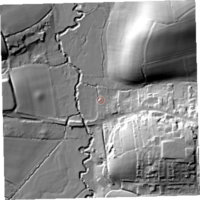 Shaded relief map of the ground around EX176ER, computed from Environment Agency LiDAR. The ground here sits at about 102 m above sea level and falls 40 m across the surrounding 800 m. Surface water reaching this point runs off ground lying to the south-east, 25.8 m higher.