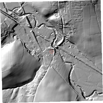 Shaded relief map of the ground around EX176QS, computed from Environment Agency LiDAR. The ground here sits at about 77 m above sea level and falls 47 m across the surrounding 800 m. Surface water reaching this point runs off ground lying to the south, 6.7 m higher.