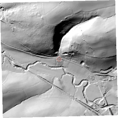 Shaded relief map of the ground around EX176QU, computed from Environment Agency LiDAR. The ground here sits at about 79 m above sea level and falls 82 m across the surrounding 800 m. Surface water reaching this point runs off ground lying to the north-east, 75.6 m higher.