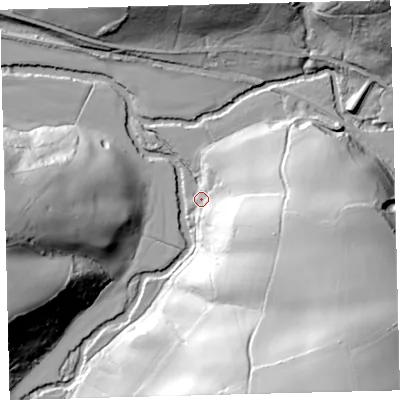 Shaded relief map of the ground around EX176QX, computed from Environment Agency LiDAR. The ground here sits at about 70 m above sea level and falls 69 m across the surrounding 800 m. Surface water reaching this point runs off ground lying to the east-south-east, 39.8 m higher.