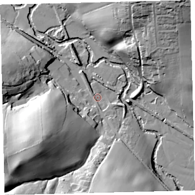 Shaded relief map of the ground around EX176YQ, computed from Environment Agency LiDAR. The ground here sits at about 76 m above sea level and falls 48 m across the surrounding 800 m. Surface water reaching this point runs off ground lying to the south-west, 43.2 m higher.