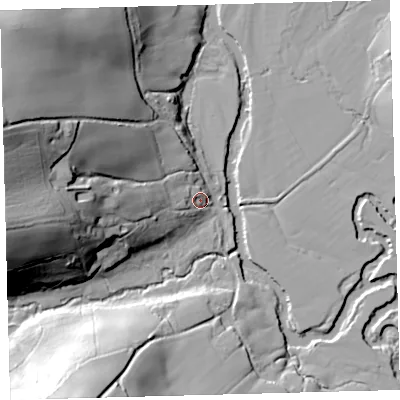Shaded relief map of the ground around EX187BD, computed from Environment Agency LiDAR. The ground here sits at about 53 m above sea level and falls 51 m across the surrounding 800 m. Surface water reaching this point runs off ground lying to the west, 35.2 m higher.