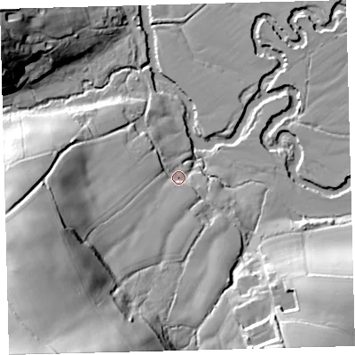Shaded relief map of the ground around EX187BE, computed from Environment Agency LiDAR. The ground here sits at about 55 m above sea level and falls 82 m across the surrounding 800 m. Surface water reaching this point runs off ground lying to the south-west, 74.7 m higher.