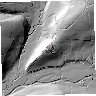 Shaded relief map of the ground around EX187EA, computed from Environment Agency LiDAR. The ground here sits at about 107 m above sea level and falls 94 m across the surrounding 800 m. Surface water reaching this point runs off ground lying to the east-north-east, 1.2 m higher.