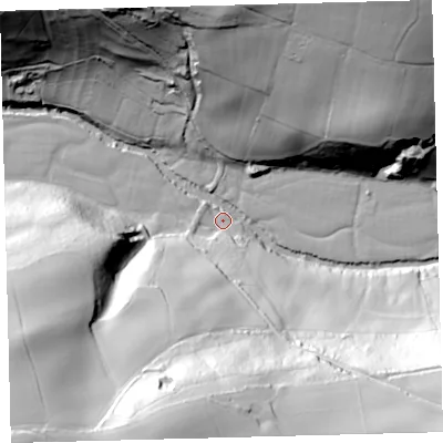 Shaded relief map of the ground around EX187ES, computed from Environment Agency LiDAR. The ground here sits at about 65 m above sea level and falls 85 m across the surrounding 800 m. Surface water reaching this point runs off ground lying to the south-south-west, 82.8 m higher.