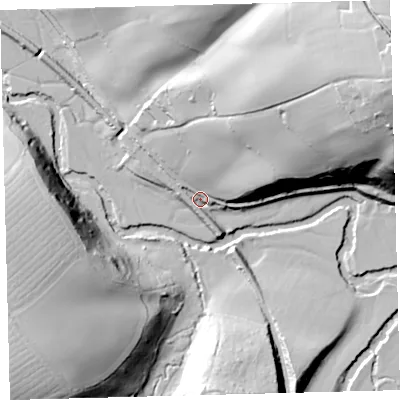 Shaded relief map of the ground around EX187JX, computed from Environment Agency LiDAR. The ground here sits at about 57 m above sea level and falls 63 m across the surrounding 800 m. Surface water reaching this point runs off ground lying to the north-east, 42.2 m higher.