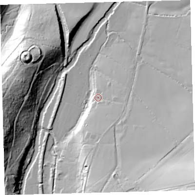 Shaded relief map of the ground around EX187JY, computed from Environment Agency LiDAR. The ground here sits at about 64 m above sea level and falls 56 m across the surrounding 800 m. Surface water reaching this point runs off ground lying to the south-south-east, 13.2 m higher.