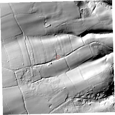 Shaded relief map of the ground around EX187QQ, computed from Environment Agency LiDAR. The ground here sits at about 136 m above sea level and falls 74 m across the surrounding 800 m. Surface water reaching this point runs off ground lying to the west-south-west, 27.1 m higher.
