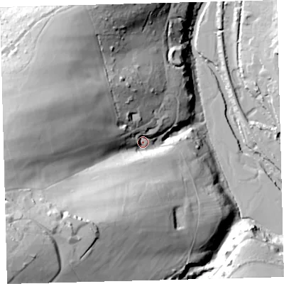 Shaded relief map of the ground around EX187QT, computed from Environment Agency LiDAR. The ground here sits at about 80 m above sea level and falls 84 m across the surrounding 800 m. Surface water reaching this point runs off ground lying to the south-west, 61.1 m higher.
