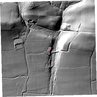 Shaded relief map of the ground around EX187SJ, computed from Environment Agency LiDAR. The ground here sits at about 110 m above sea level and falls 54 m across the surrounding 800 m. Surface water reaching this point runs off ground lying to the north-west, 11.4 m higher.