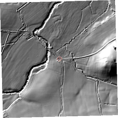 Shaded relief map of the ground around EX187SL, computed from Environment Agency LiDAR. The ground here sits at about 89 m above sea level and falls 27 m across the surrounding 800 m. Surface water reaching this point runs off ground lying to the south, 15.6 m higher.
