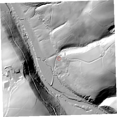 Shaded relief map of the ground around EX198AA, computed from Environment Agency LiDAR. The ground here sits at about 48 m above sea level and falls 102 m across the surrounding 800 m. Surface water reaching this point runs off ground lying to the east-north-east, 17.9 m higher.
