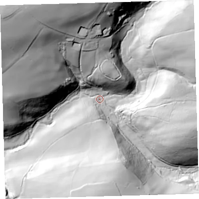 Shaded relief map of the ground around EX198AF, computed from Environment Agency LiDAR. The ground here sits at about 82 m above sea level and falls 85 m across the surrounding 800 m. Surface water reaching this point runs off ground lying to the north-north-west, 70.2 m higher.