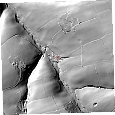 Shaded relief map of the ground around EX198AQ, computed from Environment Agency LiDAR. The ground here sits at about 94 m above sea level and falls 67 m across the surrounding 800 m. Surface water reaching this point runs off ground lying to the east-north-east, 53.5 m higher.