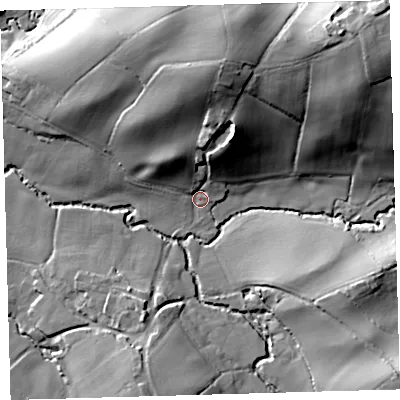 Shaded relief map of the ground around EX198AZ, computed from Environment Agency LiDAR. The ground here sits at about 70 m above sea level and falls 41 m across the surrounding 800 m. Surface water reaching this point runs off ground lying to the north, 27.8 m higher.