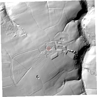 Shaded relief map of the ground around EX198DL, computed from Environment Agency LiDAR. The ground here sits at about 163 m above sea level and falls 68 m across the surrounding 800 m. Surface water reaching this point runs off ground lying to the south, 6.6 m higher.