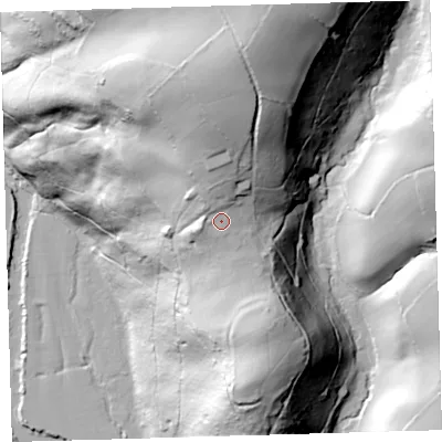 Shaded relief map of the ground around EX198RF, computed from Environment Agency LiDAR. The ground here sits at about 115 m above sea level and falls 105 m across the surrounding 800 m. Surface water reaching this point runs off ground lying to the north, 9.2 m higher.