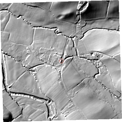 Shaded relief map of the ground around EX198SE, computed from Environment Agency LiDAR. The ground here sits at about 76 m above sea level and falls 27 m across the surrounding 800 m. Surface water reaching this point runs off ground lying to the south, 3.5 m higher.