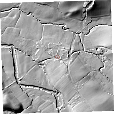 Shaded relief map of the ground around EX198SF, computed from Environment Agency LiDAR. The ground here sits at about 73 m above sea level and falls 27 m across the surrounding 800 m. Surface water reaching this point runs off ground lying to the south-east, 6.7 m higher.