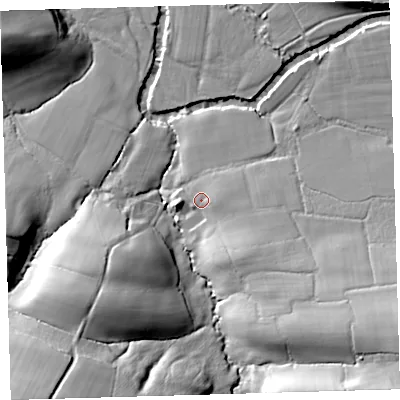 Shaded relief map of the ground around EX198SL, computed from Environment Agency LiDAR. The ground here sits at about 66 m above sea level and falls 38 m across the surrounding 800 m. Surface water reaching this point runs off ground lying to the south-east, 9.4 m higher.