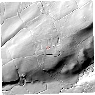 Shaded relief map of the ground around EX198SQ, computed from Environment Agency LiDAR. The ground here sits at about 101 m above sea level and falls 51 m across the surrounding 800 m. The ground contributing surface water to this point lies to the east-north-east.