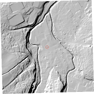 Shaded relief map of the ground around EX201AD, computed from Environment Agency LiDAR. The ground here sits at about 152 m above sea level and falls 62 m across the surrounding 800 m. Surface water reaching this point runs off ground lying to the south-south-east, 2.8 m higher.