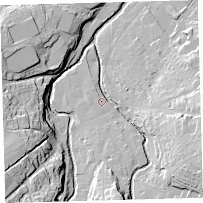 Shaded relief map of the ground around EX201AF, computed from Environment Agency LiDAR. The ground here sits at about 151 m above sea level and falls 55 m across the surrounding 800 m. Surface water reaching this point runs off ground lying to the east-south-east, 28.2 m higher.