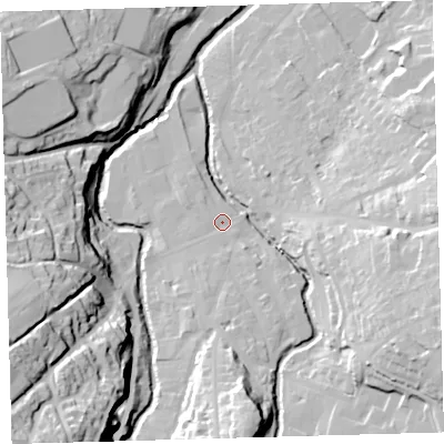 Shaded relief map of the ground around EX201AN, computed from Environment Agency LiDAR. The ground here sits at about 151 m above sea level and falls 55 m across the surrounding 800 m. Surface water reaching this point runs off ground lying to the south-south-west, 4.2 m higher.