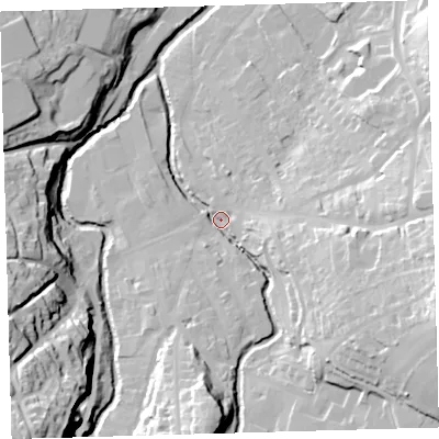 Shaded relief map of the ground around EX201AP, computed from Environment Agency LiDAR. The ground here sits at about 149 m above sea level and falls 52 m across the surrounding 800 m. Surface water reaching this point runs off ground lying to the east-south-east, 35.7 m higher.
