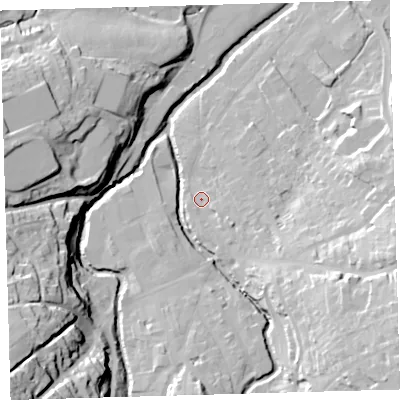 Shaded relief map of the ground around EX201AR, computed from Environment Agency LiDAR. The ground here sits at about 149 m above sea level and falls 49 m across the surrounding 800 m. Surface water reaching this point runs off ground lying to the south-east, 8.8 m higher.