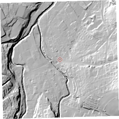 Shaded relief map of the ground around EX201AS, computed from Environment Agency LiDAR. The ground here sits at about 152 m above sea level and falls 49 m across the surrounding 800 m. Surface water reaching this point runs off ground lying to the east-south-east, 36.9 m higher.