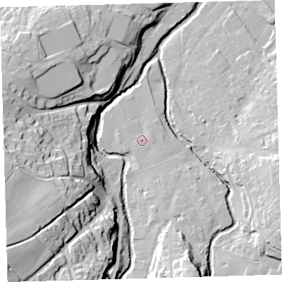 Shaded relief map of the ground around EX201AW, computed from Environment Agency LiDAR. The ground here sits at about 151 m above sea level and falls 64 m across the surrounding 800 m. Surface water reaching this point runs off ground lying to the south-east, 2.1 m higher.