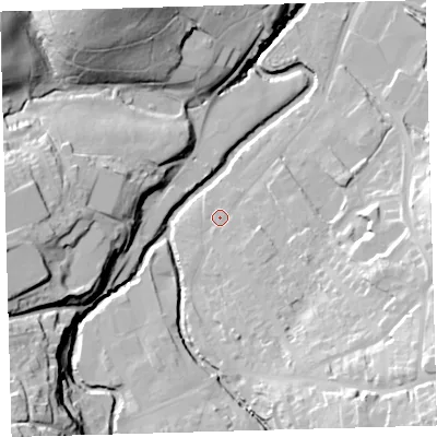 Shaded relief map of the ground around EX201BD, computed from Environment Agency LiDAR. The ground here sits at about 148 m above sea level and falls 42 m across the surrounding 800 m. Surface water reaching this point runs off ground lying to the south-east, 3.2 m higher.