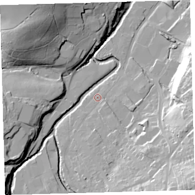 Shaded relief map of the ground around EX201BJ, computed from Environment Agency LiDAR. The ground here sits at about 146 m above sea level and falls 47 m across the surrounding 800 m. Surface water reaching this point runs off ground lying to the south-east, 33.5 m higher.