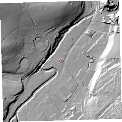 Shaded relief map of the ground around EX201BL, computed from Environment Agency LiDAR. The ground here sits at about 143 m above sea level and falls 66 m across the surrounding 800 m. Surface water reaching this point runs off ground lying to the south, 2.7 m higher.