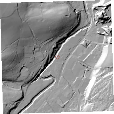Shaded relief map of the ground around EX201BN, computed from Environment Agency LiDAR. The ground here sits at about 142 m above sea level and falls 69 m across the surrounding 800 m. Surface water reaching this point runs off ground lying to the north-west, 63.6 m higher.