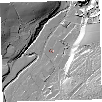 Shaded relief map of the ground around EX201BQ, computed from Environment Agency LiDAR. The ground here sits at about 143 m above sea level and falls 61 m across the surrounding 800 m. Surface water reaching this point runs off ground lying to the east-south-east, 39.7 m higher.