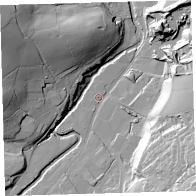 Shaded relief map of the ground around EX201BW, computed from Environment Agency LiDAR. The ground here sits at about 142 m above sea level and falls 64 m across the surrounding 800 m. Surface water reaching this point runs off ground lying to the south-east, 43.3 m higher.