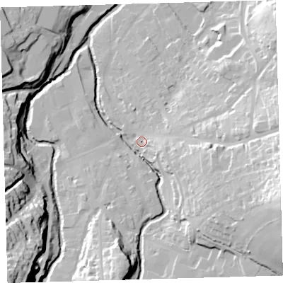 Shaded relief map of the ground around EX201BY, computed from Environment Agency LiDAR. The ground here sits at about 152 m above sea level and falls 49 m across the surrounding 800 m. Surface water reaching this point runs off ground lying to the east-south-east, 36.8 m higher.