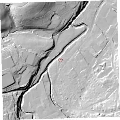 Shaded relief map of the ground around EX201BZ, computed from Environment Agency LiDAR. The ground here sits at about 147 m above sea level and falls 45 m across the surrounding 800 m. Surface water reaching this point runs off ground lying to the south-east, 33.1 m higher.