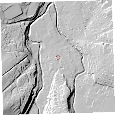 Shaded relief map of the ground around EX201DH, computed from Environment Agency LiDAR. The ground here sits at about 154 m above sea level and falls 61 m across the surrounding 800 m. Surface water reaching this point runs off ground lying to the south, 24.0 m higher.