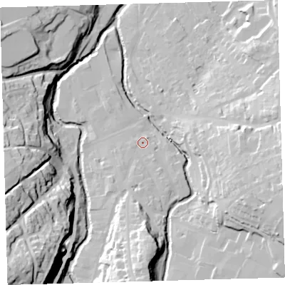Shaded relief map of the ground around EX201DJ, computed from Environment Agency LiDAR. The ground here sits at about 153 m above sea level and falls 57 m across the surrounding 800 m. Surface water reaching this point runs off ground lying to the south, 23.5 m higher.