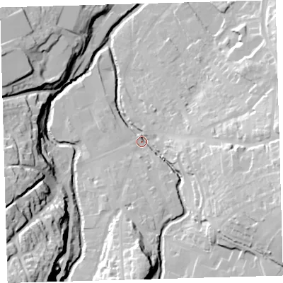 Shaded relief map of the ground around EX201DL, computed from Environment Agency LiDAR. The ground here sits at about 150 m above sea level and falls 54 m across the surrounding 800 m. Surface water reaching this point runs off ground lying to the east-south-east, 31.2 m higher.