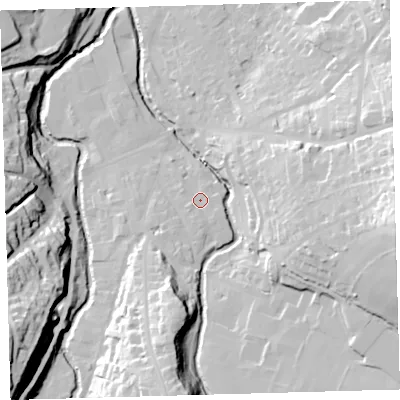 Shaded relief map of the ground around EX201DP, computed from Environment Agency LiDAR. The ground here sits at about 155 m above sea level and falls 50 m across the surrounding 800 m. Surface water reaching this point runs off ground lying to the south, 2.4 m higher.