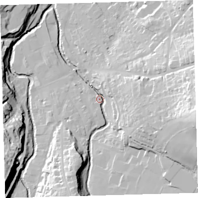 Shaded relief map of the ground around EX201DQ, computed from Environment Agency LiDAR. The ground here sits at about 154 m above sea level and falls 54 m across the surrounding 800 m. Surface water reaching this point runs off ground lying to the east, 47.2 m higher.
