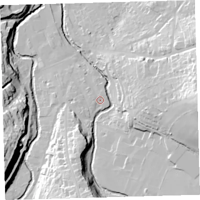 Shaded relief map of the ground around EX201DR, computed from Environment Agency LiDAR. The ground here sits at about 156 m above sea level and falls 50 m across the surrounding 800 m. Surface water reaching this point runs off ground lying to the south-west, 1.8 m higher.
