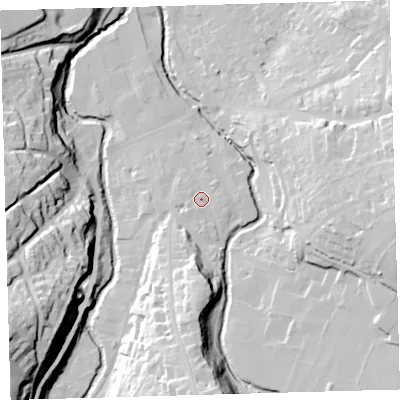 Shaded relief map of the ground around EX201DS, computed from Environment Agency LiDAR. The ground here sits at about 156 m above sea level and falls 55 m across the surrounding 800 m. Surface water reaching this point runs off ground lying to the south, 19.0 m higher.
