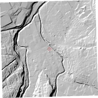 Shaded relief map of the ground around EX201DW, computed from Environment Agency LiDAR. The ground here sits at about 151 m above sea level and falls 55 m across the surrounding 800 m. Surface water reaching this point runs off ground lying to the south, 26.9 m higher.
